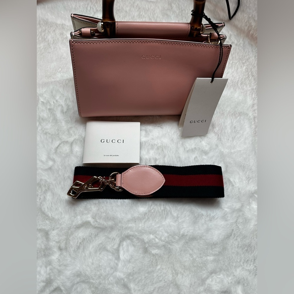 Gucci Blush Pink Leather Bag with Red and navy Strap-with bamboo handle